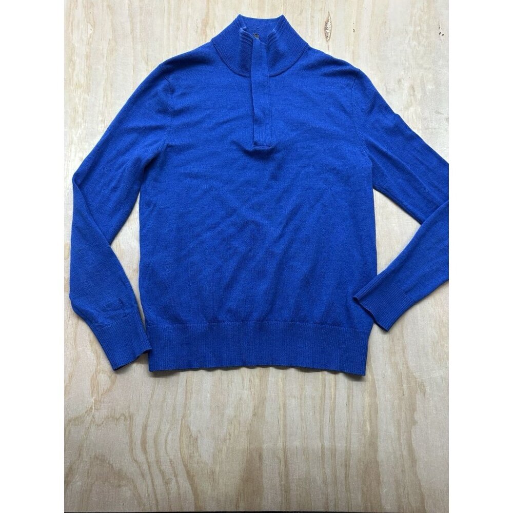 Banana Republic Mens M Baruffa‎ Italian Merino Wool Blue 1/4 Zip Sweater HOLE*